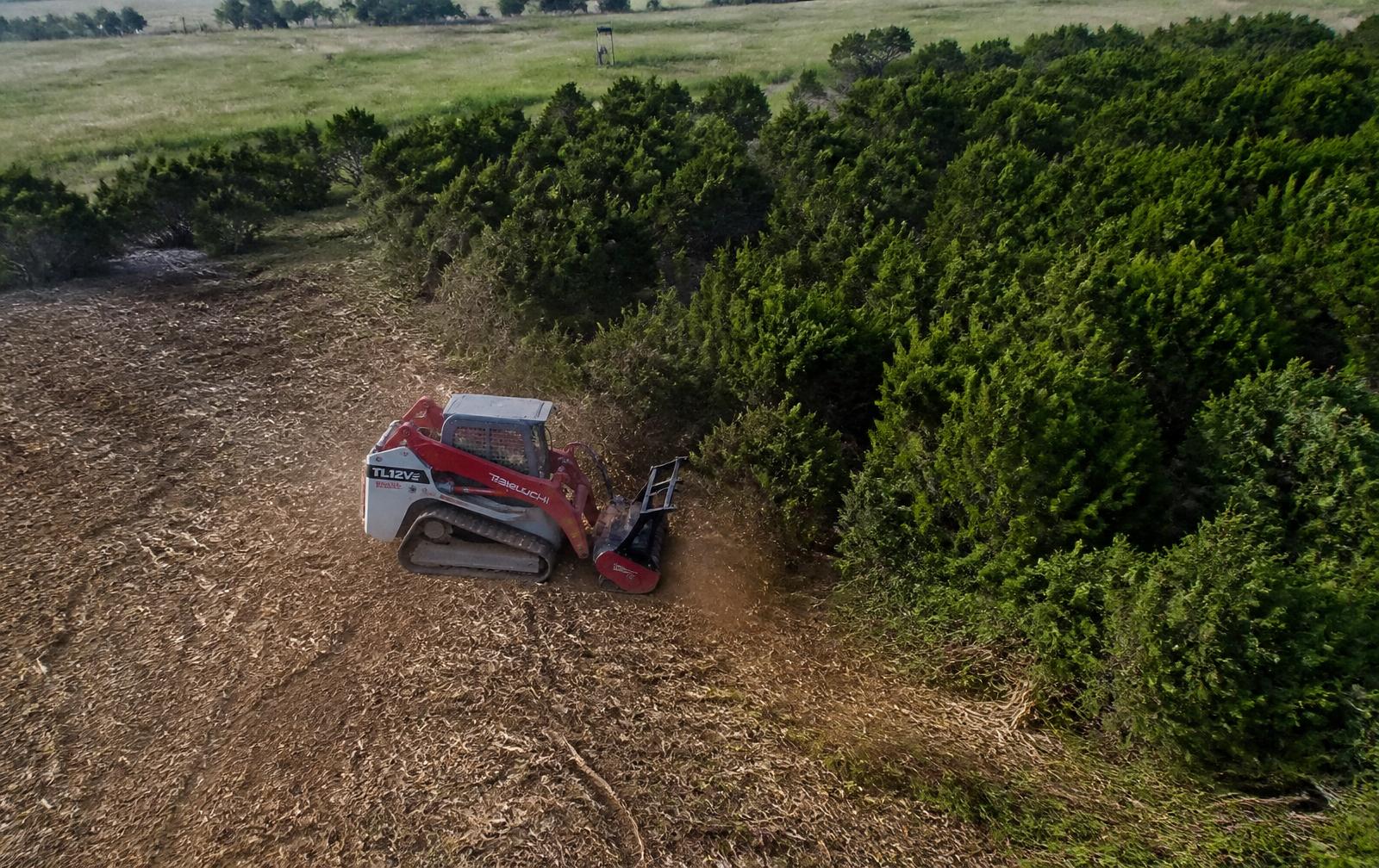 Aerial view of a Takeuchi TL12V2 with a Fecon BH74 mulching head clearing overgrown timber